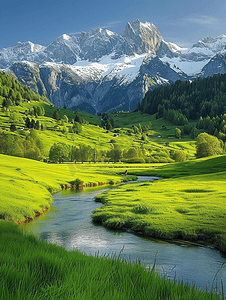 高山山峰摄影照片_阿尔卑斯山鲜绿色的草地和白雪皑皑的山峰