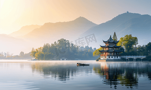 中国风黄色祥云边框摄影照片_中国的西湖风景