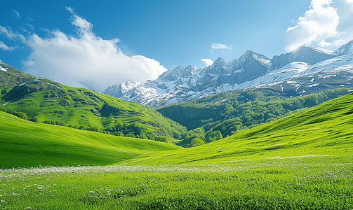 阿尔卑斯山鲜绿色的草地和白雪皑皑的山峰