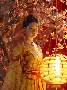 绘画的女孩背景图片_3D立体中国国风春节灯笼下女孩的背景14