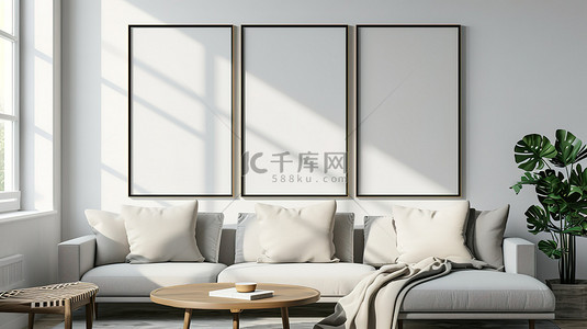 北欧风格挂着相框的客厅背景图