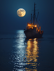 中秋月亮月亮摄影照片_中秋满月船舶在海上