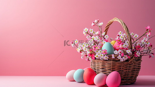 复活节鲜花彩蛋背景图片_复活节彩蛋和鲜花的篮子背景素材