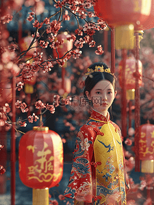 3D立体中国国风春节灯笼下女孩的背景13
