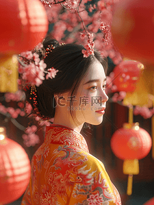 3D立体中国国风春节灯笼下女孩的背景10
