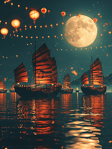 中秋节主图摄影照片_中秋满月船舶在海上