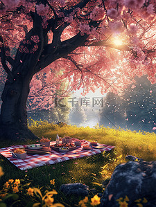 春天樱花树下野餐背景素材