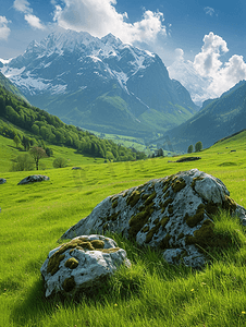 山峰河流摄影照片_阿尔卑斯山鲜绿色的草地和白雪皑皑的山峰