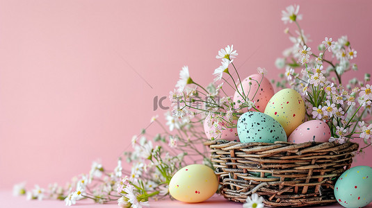 复活节鲜花彩蛋背景图片_复活节彩蛋和鲜花的篮子素材