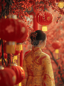 绘画的女孩背景图片_3D立体中国国风春节灯笼下女孩的背景9