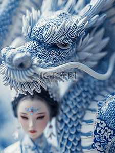 大气创意背景图片_3D立体青花瓷质感中国龙年春节女孩背景3