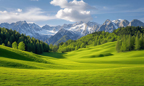 绿色山峰摄影照片_阿尔卑斯山鲜绿色的草地和白雪皑皑的山峰