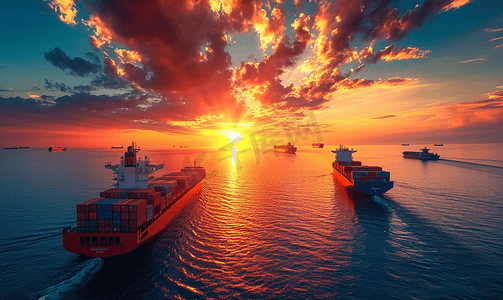 全球链条摄影照片_夕阳物流国际集装箱船舶货物货机