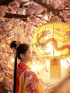 绘画的女孩背景图片_3D立体中国国风春节灯笼下女孩的背景16