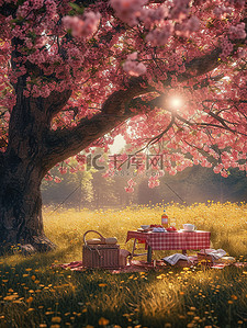 野餐布贴图背景图片_春天樱花树下野餐图片
