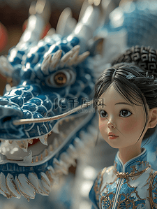 3D立体青花质感中国龙年春节女孩背景12