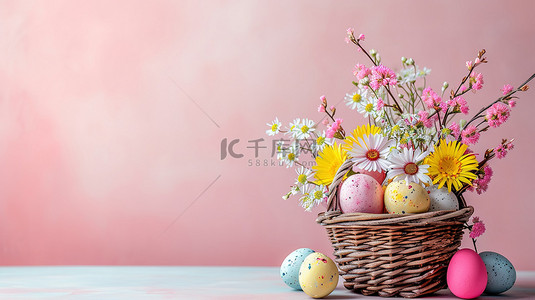 复活节彩蛋和鲜花的篮子背景图
