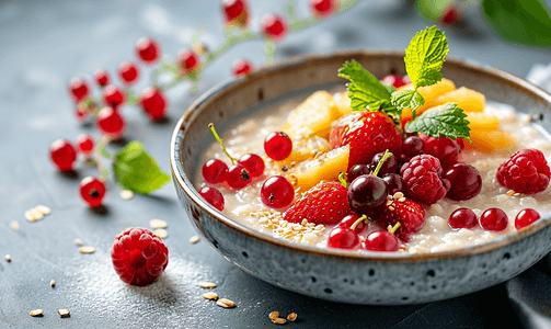 健康的早餐营养膳食新鲜水果和红莓