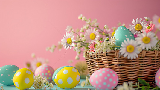复活节彩蛋和鲜花的篮子设计