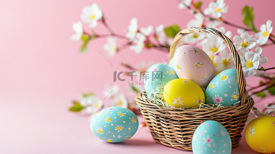 复活节彩蛋和鲜花的篮子设计