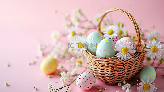 复活节鲜花彩蛋背景图片_复活节彩蛋和鲜花的篮子设计