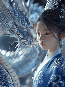 春节创意背景背景图片_3D立体青花瓷质感中国龙年春节女孩背景6