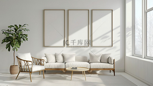 北欧风格挂着相框的客厅背景图片