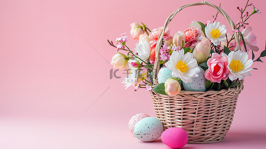 复活节鲜花彩蛋背景图片_复活节彩蛋和鲜花的篮子背景