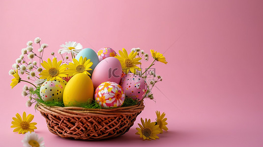 复活节鲜花彩蛋背景图片_复活节彩蛋和鲜花的篮子图片