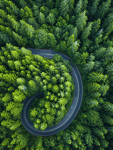 自驾游绿色旅游摄影照片_航拍蜿蜒道路与森林