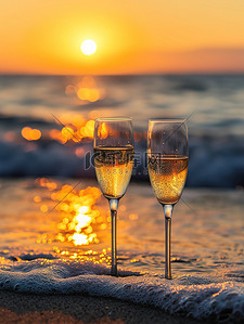海边落日余晖香槟酒图片