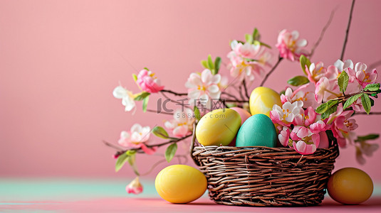 复活节鲜花彩蛋背景图片_复活节彩蛋和鲜花的篮子图片