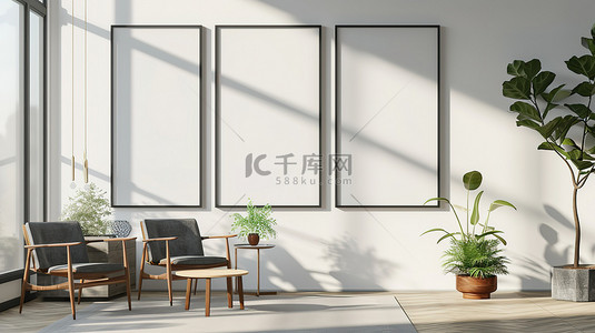 北欧风格挂着相框的客厅背景图片