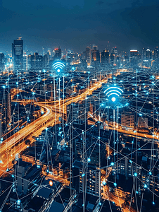 网络现代科技摄影照片_科技城市背景的5G网络无线通信技术网络连接智能城市