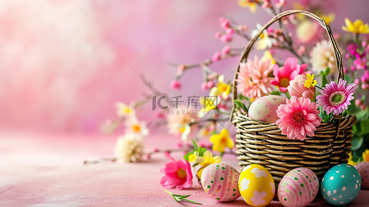 复活节彩蛋和鲜花的篮子背景素材