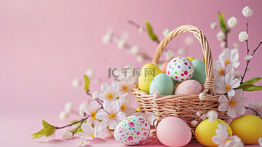 复活节鲜花彩蛋背景图片_复活节彩蛋和鲜花的篮子素材