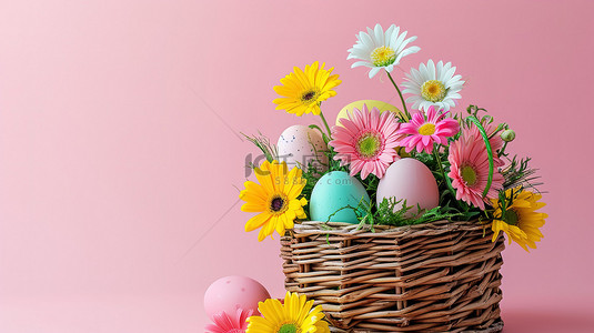 复活节鲜花彩蛋背景图片_复活节彩蛋和鲜花的篮子设计