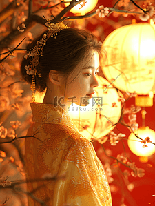 3D立体中国国风春节灯笼下女孩的背景2