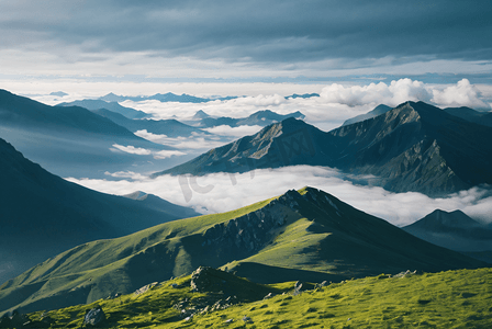 高山山脉云雾缭绕摄影图0