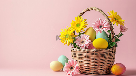 复活节鲜花彩蛋背景图片_复活节彩蛋和鲜花的篮子背景
