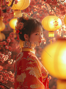 绘画的女孩背景图片_3D立体中国国风春节灯笼下女孩的背景12