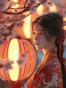 3D立体中国国风春节灯笼下女孩的背景15