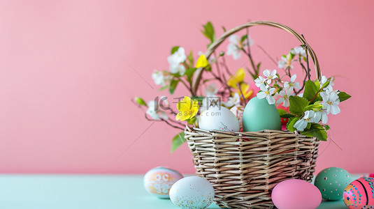 复活节彩蛋和鲜花的篮子图片