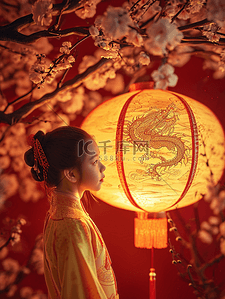 3D立体中国国风春节灯笼下女孩的背景7