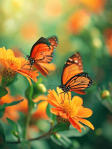 唯美树木卡通插画摄影照片_春天花丛中的两只蝴蝶