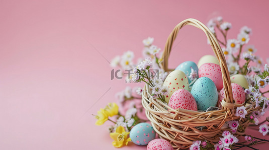 复活节鲜花彩蛋背景图片_复活节彩蛋和鲜花的篮子背景素材