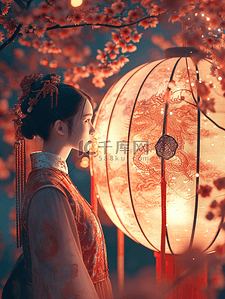 绘画的女孩背景图片_3D立体中国国风春节灯笼下女孩的背景5