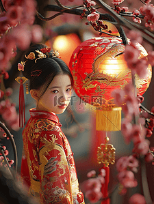 3D立体中国国风春节灯笼下女孩的背景1