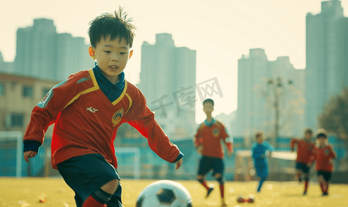 儿童足球队摄影照片_青年足球队玩足球游戏的年轻男孩