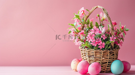 复活节彩蛋和鲜花的篮子背景素材